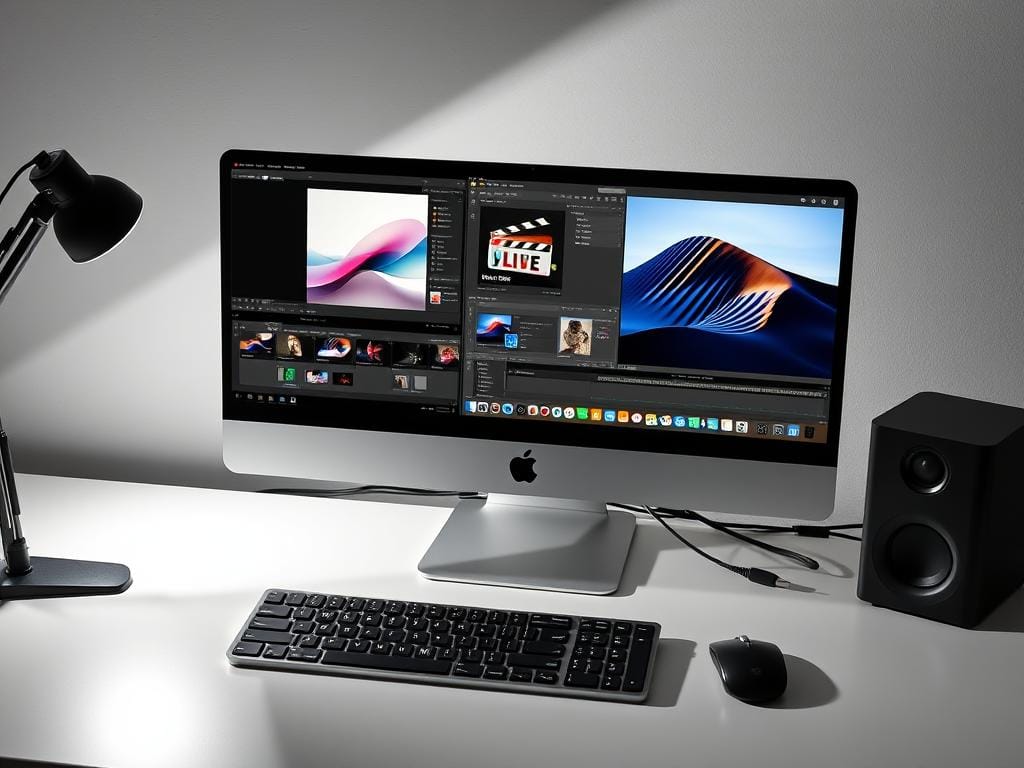 Mac Studio with dual professional displays showing creative software