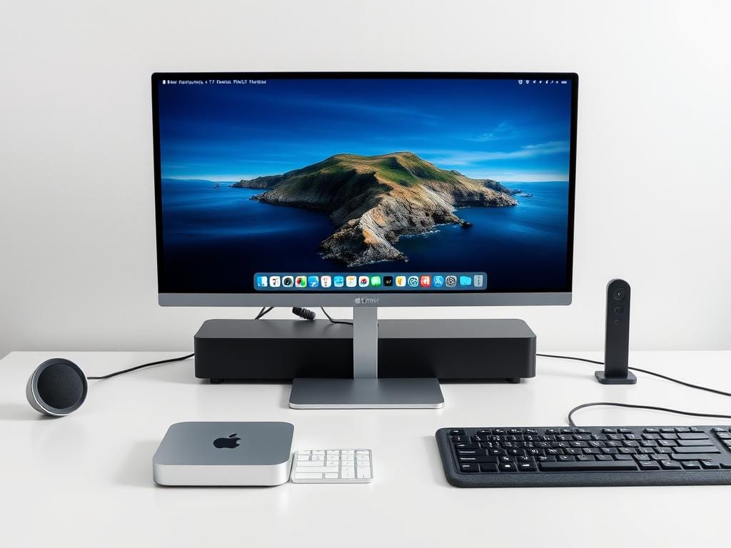 Mac mini M4 with external display showing macOS Tahoe desktop