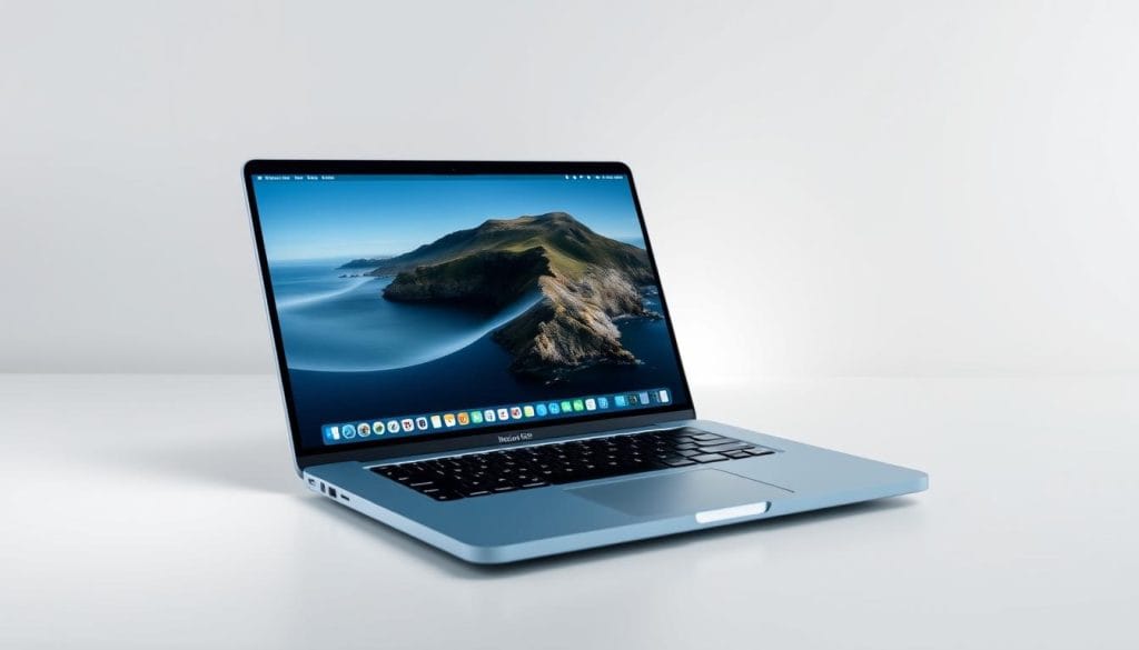 MacBook Air 13-inch M4 in Sky Blue color showing macOS Tahoe interface