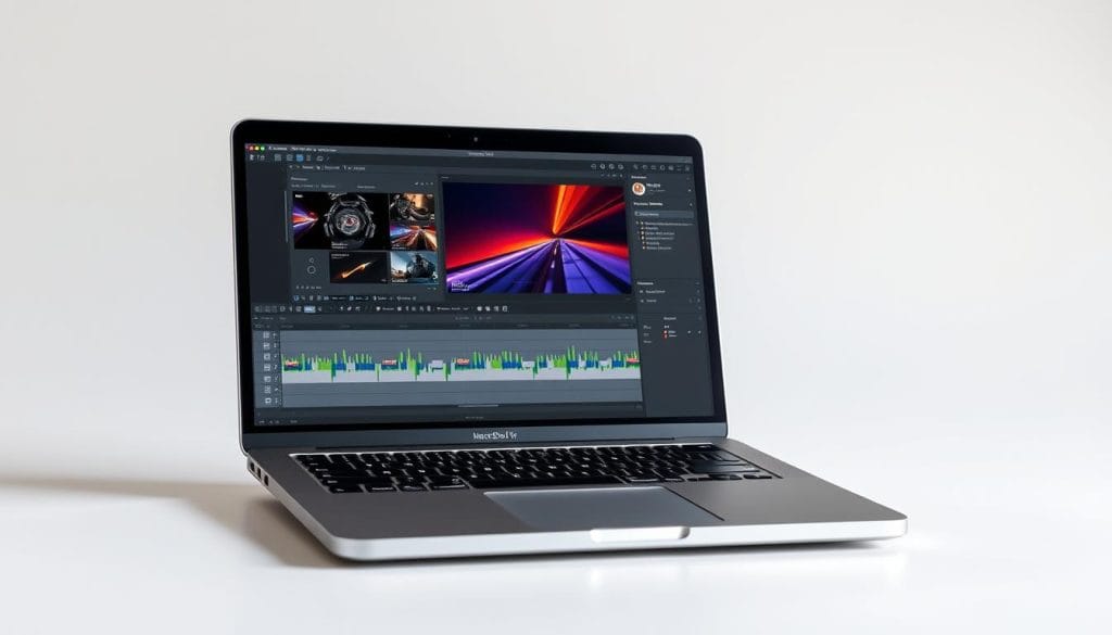 MacBook Pro 14-inch with M4 chip showing professional video editing software