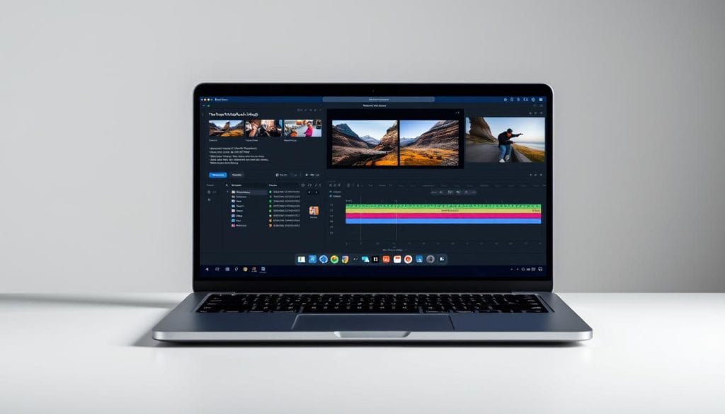 MacBook Pro 16-inch with M4 Pro chip showing professional video editing with multiple timelines