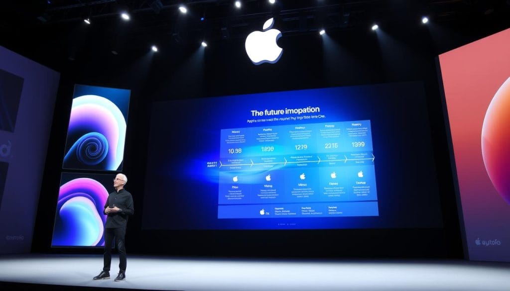 Tim Cook presenting at an Apple keynote event showcasing future vision Tim Cook presenting at an Apple keynote event showcasing future vision