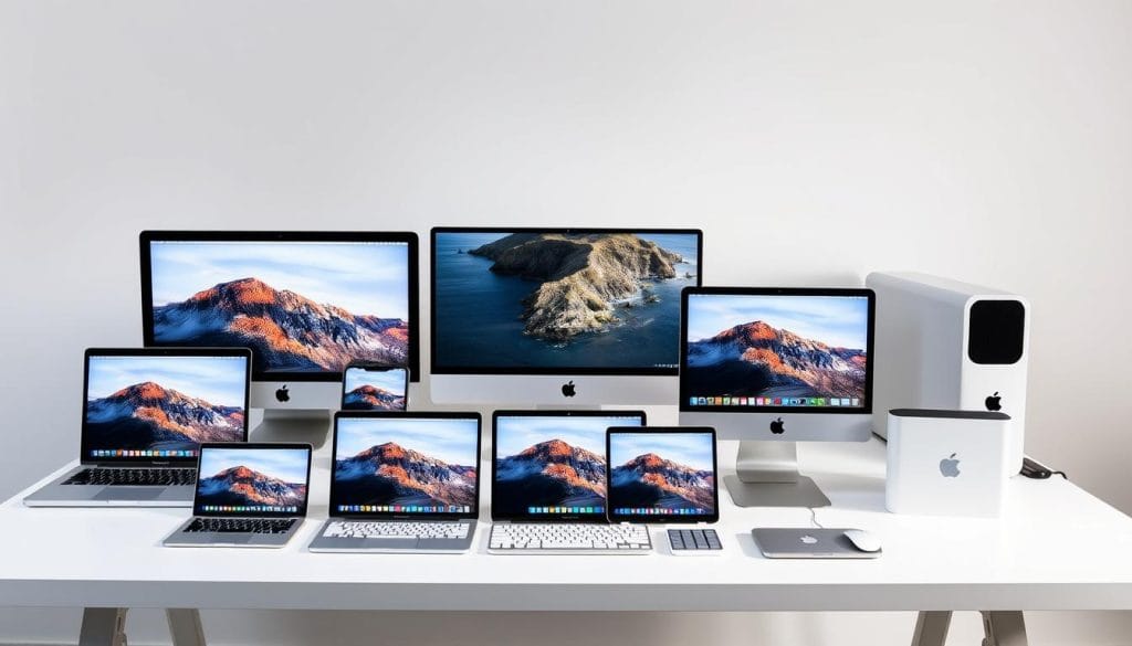 Various Mac models arranged on a desk showing size comparison