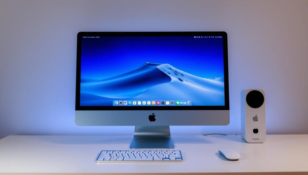 iMac 24-inch M4 in blue color showing macOS Tahoe interface